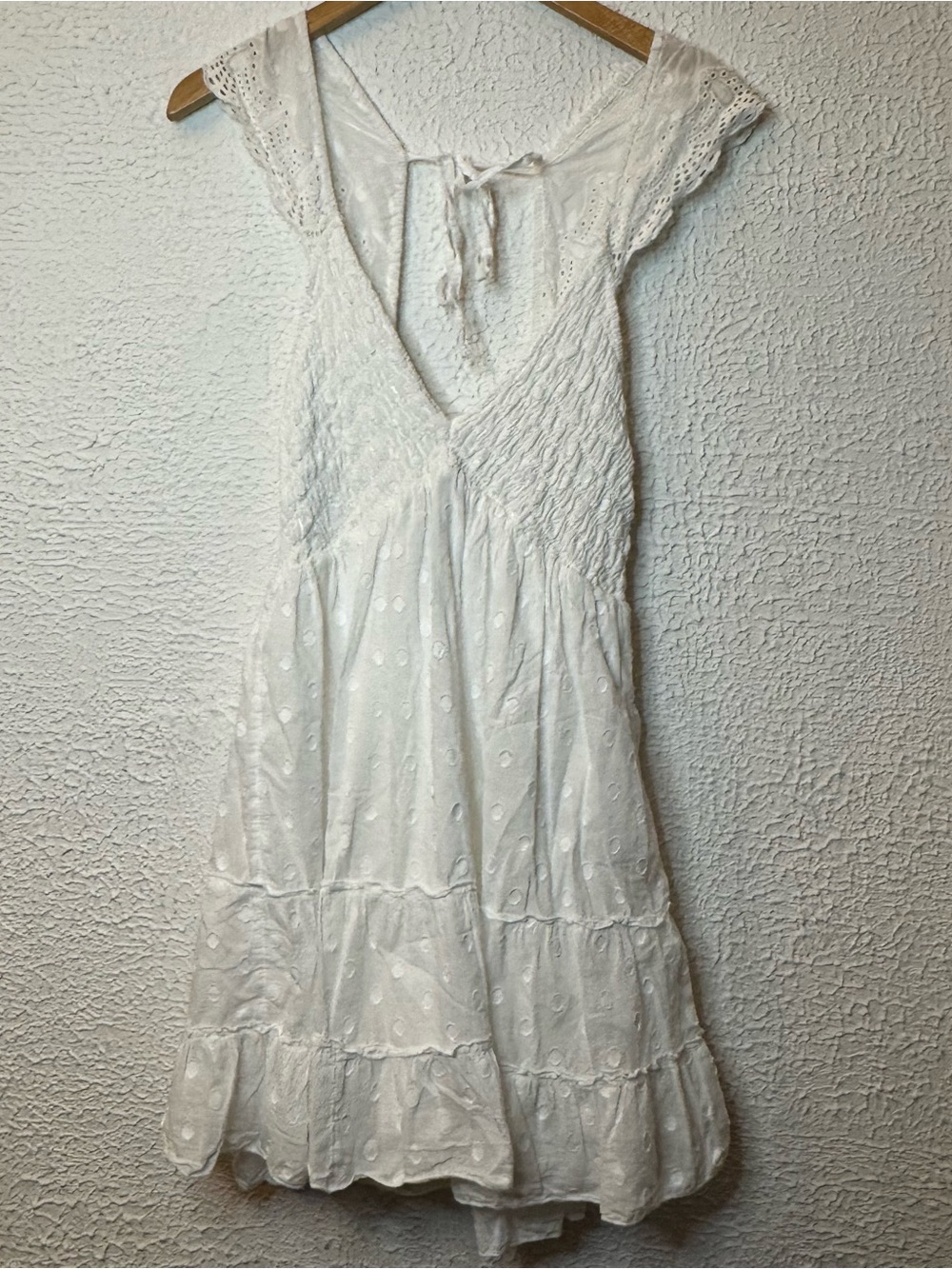 Urban Outfitters Malta Flutter Sleeve White Eyelet V-Neck Tiered Mini Dress